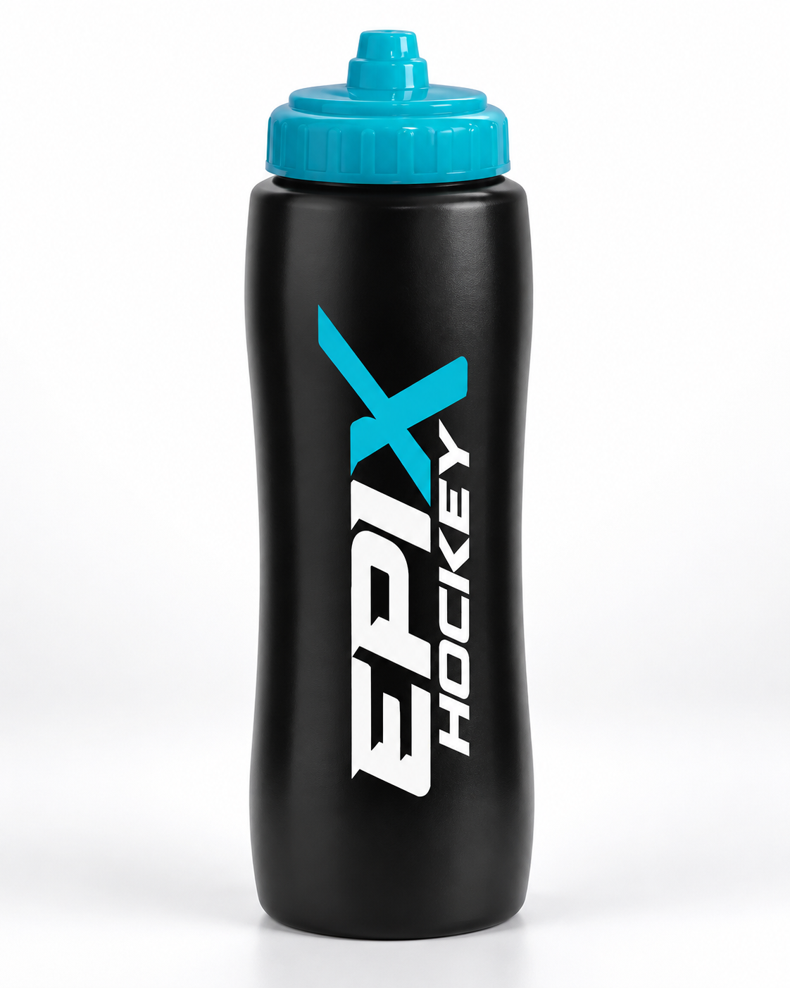 Epix Hockey black 32 oz squeeze water bottle with blue cap